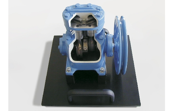 Cutaway model: open refrigerant compressor, 2-cylinder
